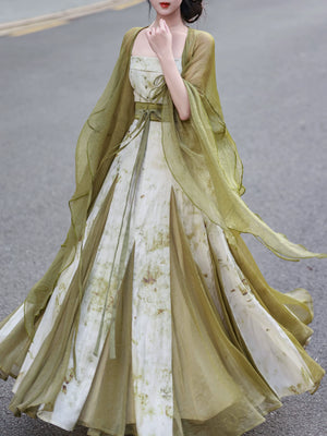 Matcha green wide sleeve modern hanfu sheer robe and white floral slip maxi dress elegant fairy street style set for women back view