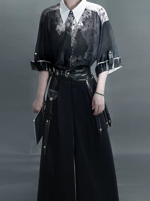 Men dark grey ink floral hanfu short sleeve embroidered top and black wide leg pants urban chinese style for men back view