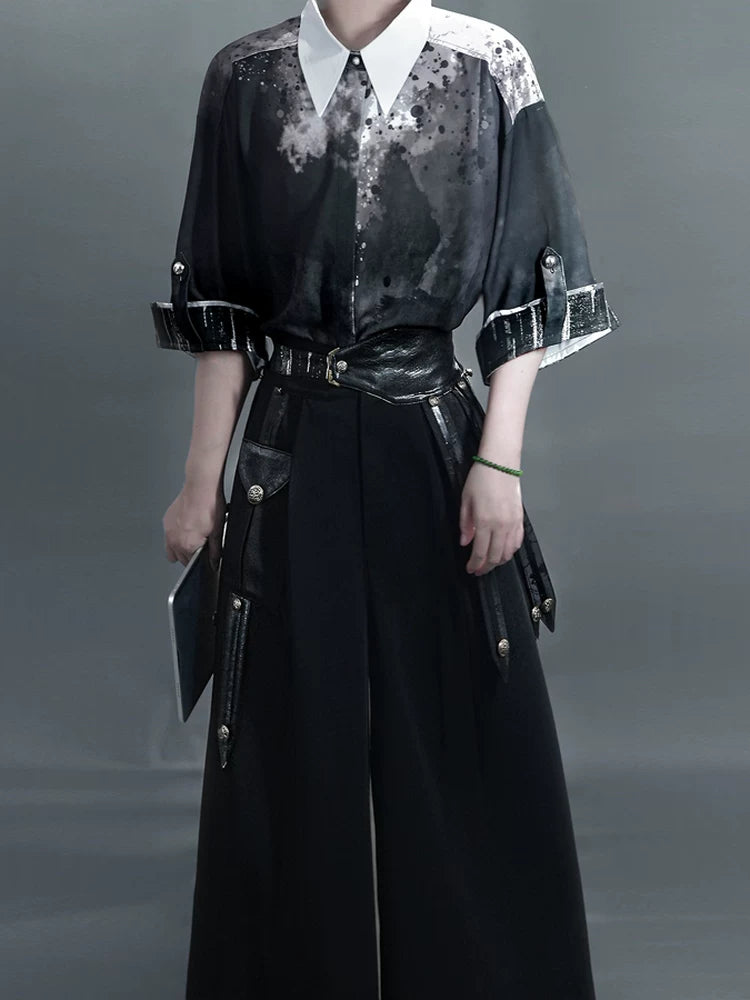 Men dark grey ink floral hanfu short sleeve embroidered top and black wide leg pants urban chinese style for men back view