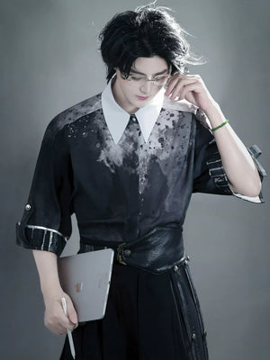 Men hanfu set dark grey ink floral embroidered short sleeve top and black wide leg pants urban chinese style for men front view