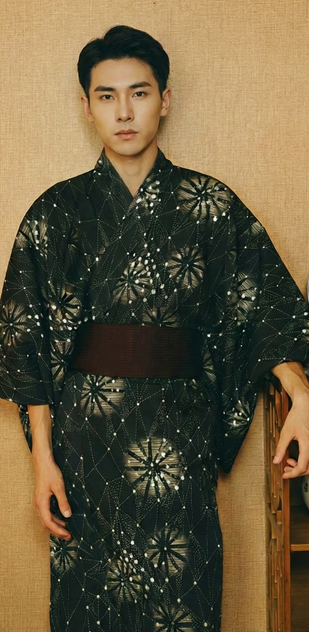 Men japanese kimono black and white wave print long sleeve traditional yukata robe for men front view