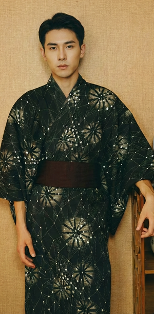 Men japanese kimono black and white wave print long sleeve traditional yukata robe for men front view
