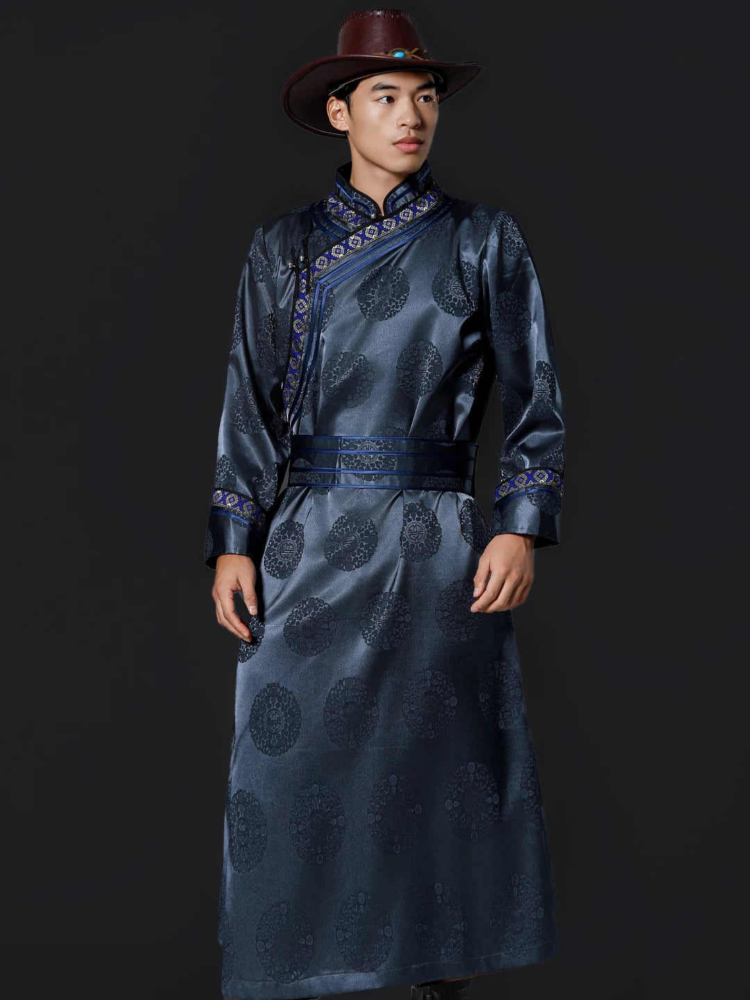  Men mongolian robe traditional long robe for daily life and performance wear front view with authentic ethnic design

