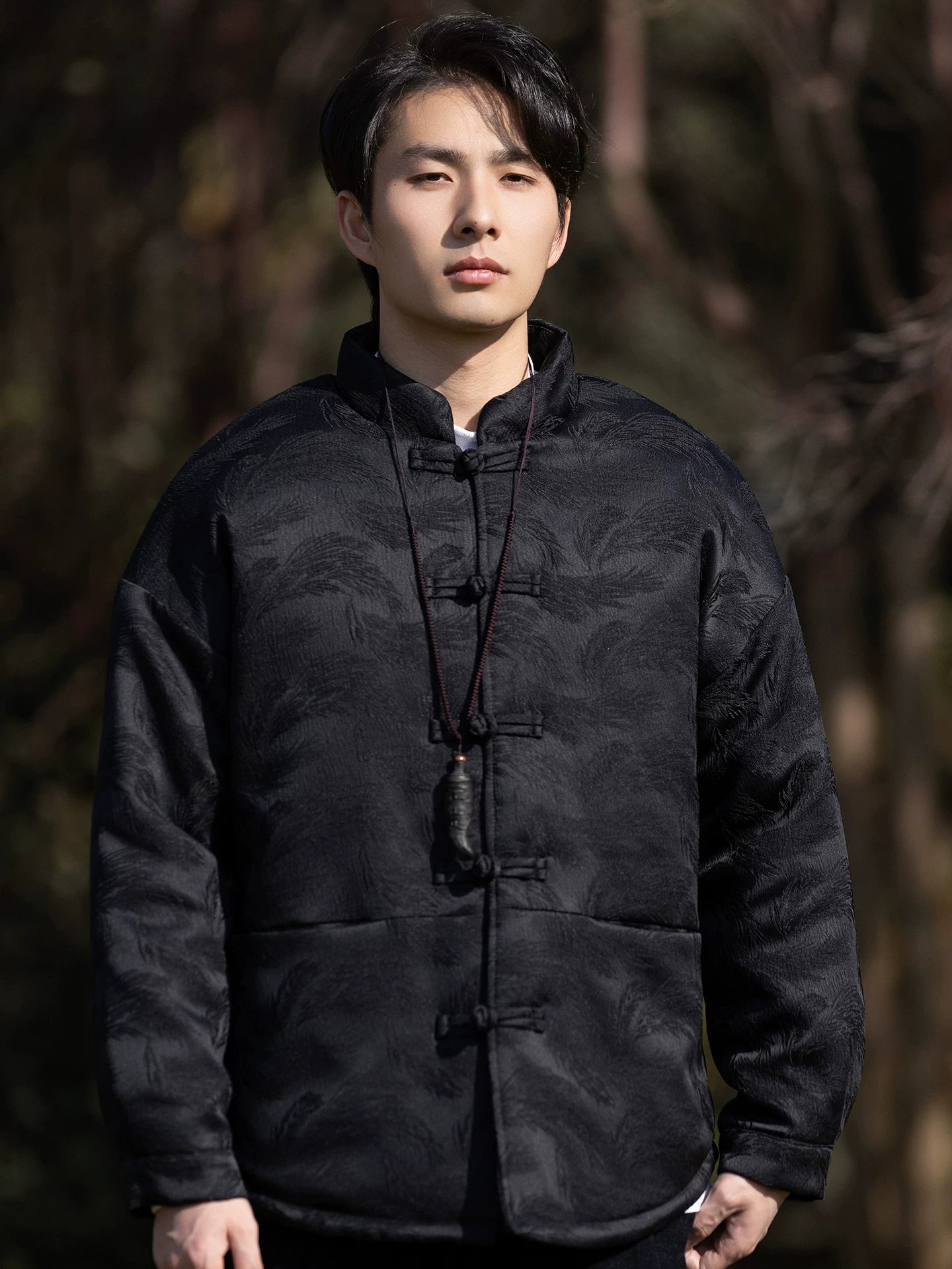 Men red tang suit cotton padded jacket traditional chinese winter coat for comfort fabric texture detail

