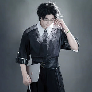 Men urban chinese hanfu set dark grey ink floral short sleeve embroidered top and black wide leg pants for men fabric detail