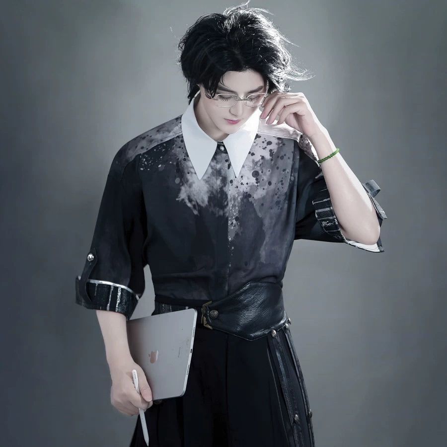 Men urban chinese hanfu set dark grey ink floral short sleeve embroidered top and black wide leg pants for men fabric detail