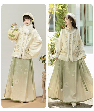 Meow meow cozy winter outfit ming style hanfu embroidered bijia with traditional mamian skirt back view