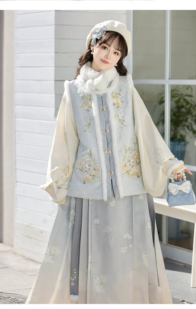 Authentic meow meow ming hanfu set embroidered bijia and mamian skirt for winter daily wear standing front