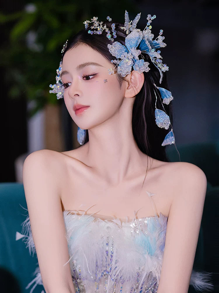 Mermaid blue gradient bridal hair vine ocean inspired hair accessory for wedding and engagement fabric and bead detail