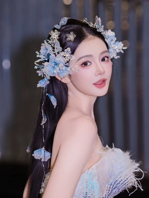 Mermaid blue hair vine ocean inspired gradient bridal hair accessory for wedding and photoshoot front view