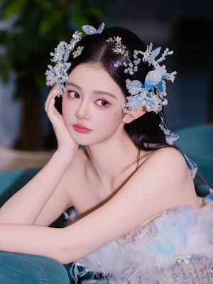 Mermaid blue ocean inspired hair vine gradient blue bridal hair accessory for wedding day back view