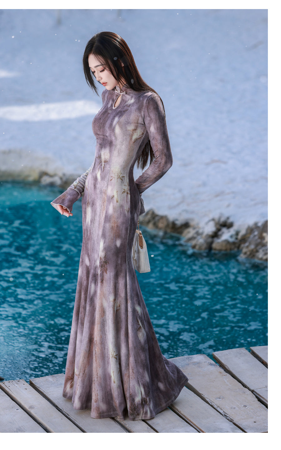 Mermaid fish tail knitted long cheongsam lotus pattern bodycon dress for women casual and party fabric and knit detail

