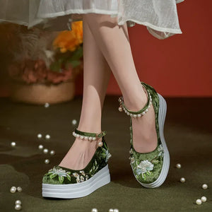 Mermaid tear jade lace embroidered shoes hidden wedge traditional chinese hanfu flats for daily wear back view
