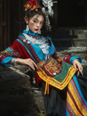 Miao ethnic costume tujia minority dress for stage performance and travel photoshoot women front view with traditional silver ornaments

