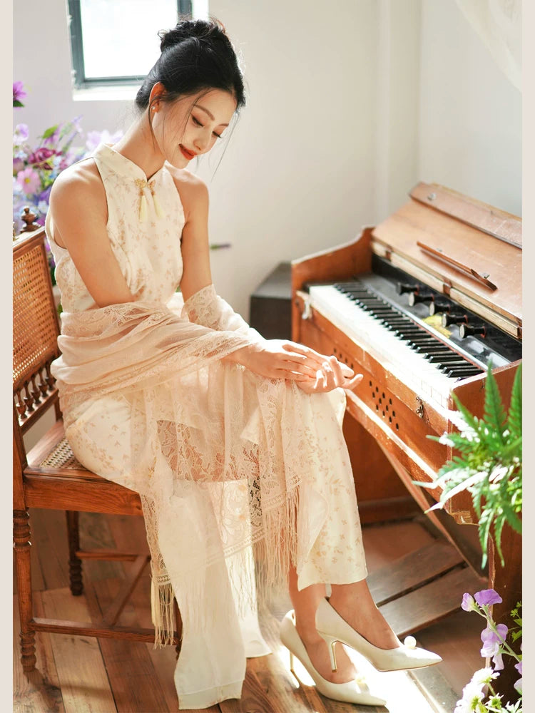 Wedding qipao dress featuring bell silhouette and improved cheongsam design for bridal engagement ceremony