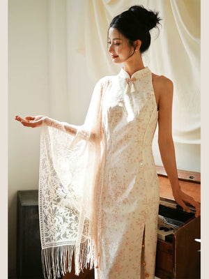 Modern improved cheongsam wedding dress in dark beige with bell silhouette for engagement bridal wear