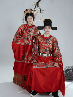 Ming dynasty couple wedding hanfu red imitation flower round collar python robe traditional wedding dress for men and women embroidery detail