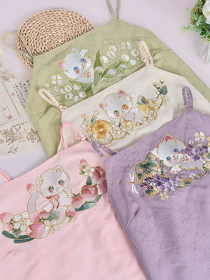 Miss cat hanfu embroidered sling top cat print camisole vest national style daily wear for women front view