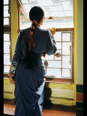 Mist blue oriental elegance dress tibetan inspired refined brocade silhouette for women fabric and brocade detail