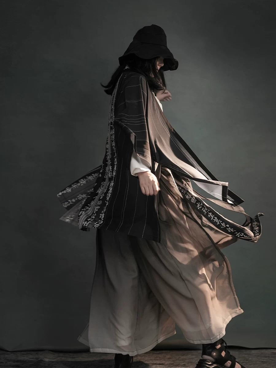 Modern black gradient hanfu set sheer outer robe and wide leg pants streetwear style outfit for women fabric detail