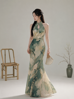 Modern chinese art style cheongsam ink wash landscape print sleeveless mermaid maxi qipao dress with mandarin collar for women fabric and print detail