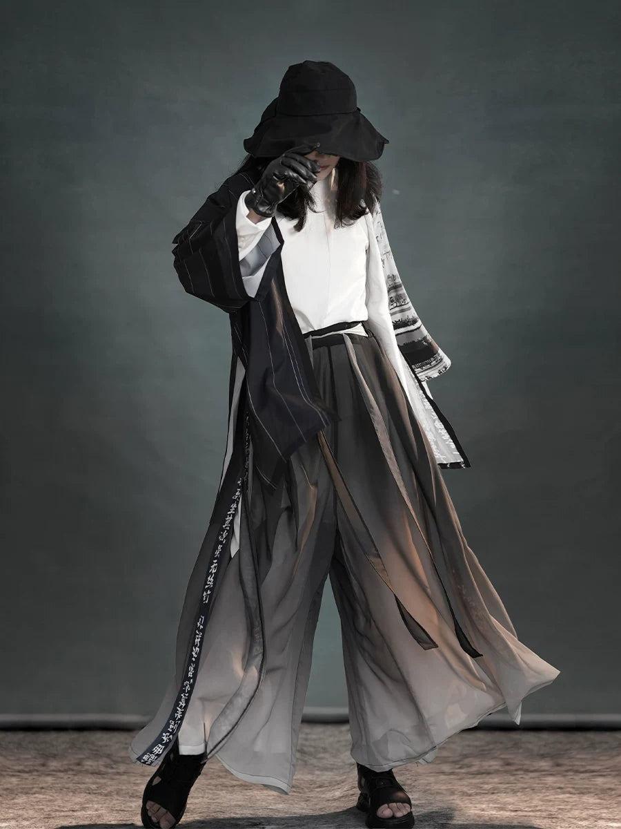 Modern dark hanfu set black gradient sheer outer robe and wide leg pants streetwear style for women front view