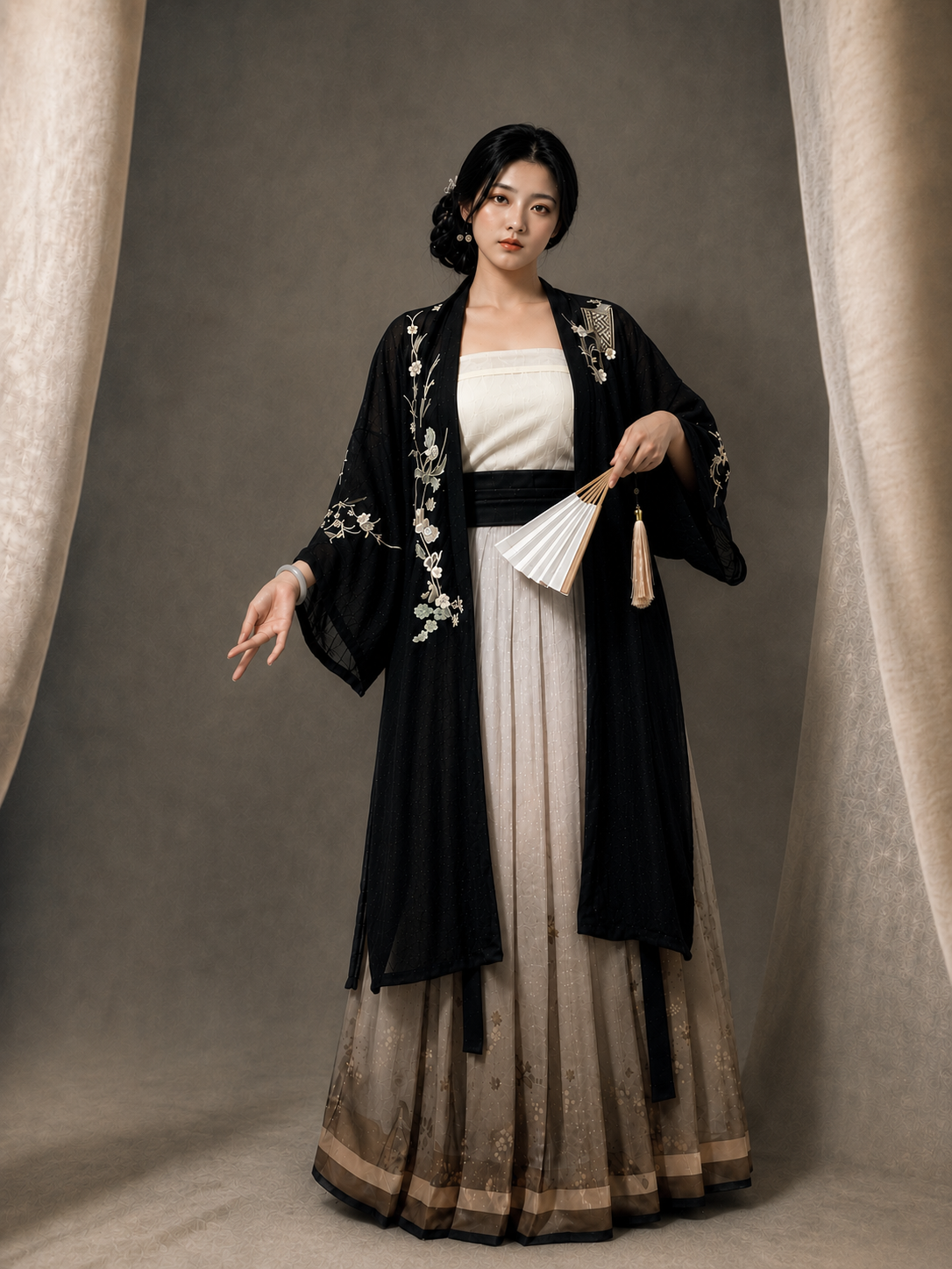 Modern hanfu black white floral embroidered wide sleeve robe and white tube top with gold trim mamian skirt luxury chinese style for women front view