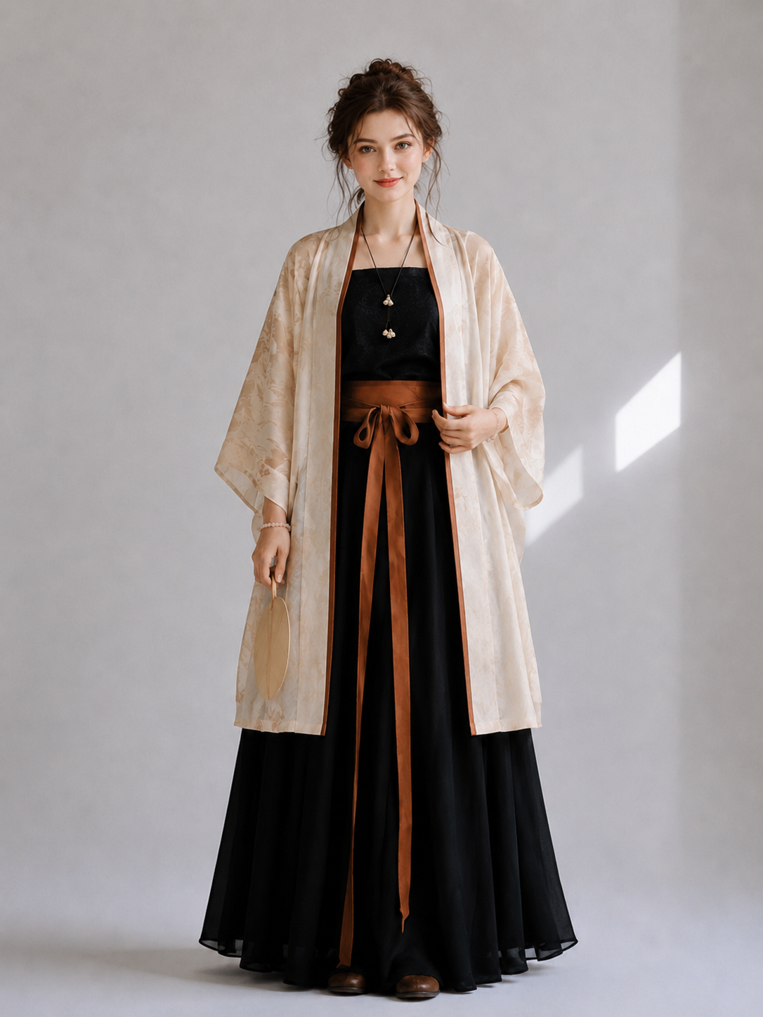 Modern hanfu cream white song dynasty cardigan and black top with song style pants and rust belt daily commute for women front view