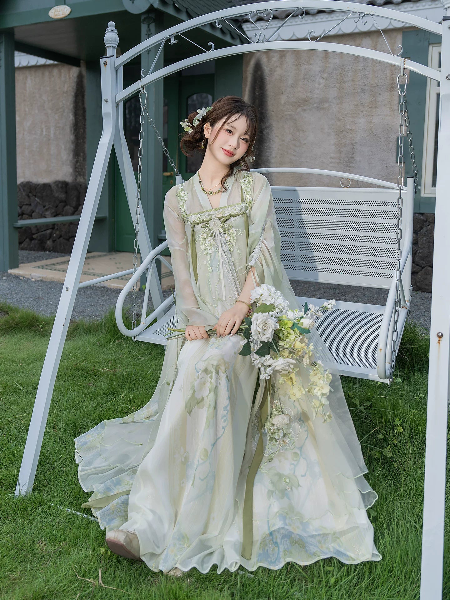 Modern hanfu dress ivory square neck puff sleeve layered lace tulle maxi dress dreamy garden bridal style for bride front view

