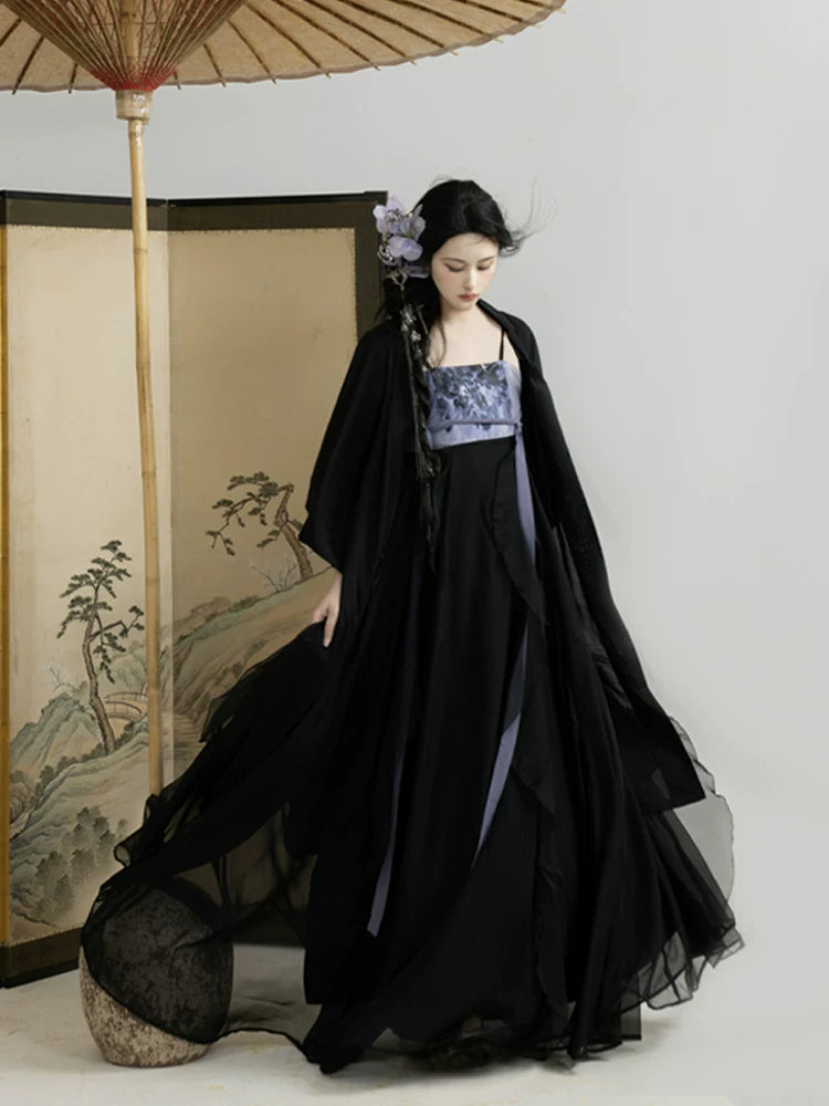  Modern hanfu set black wide sleeve sheer robe and blue purple embroidered slip top with layered tulle skirt dark fairy style for women front view