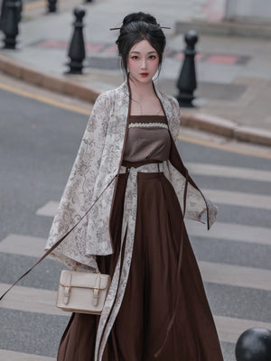 Modern hanfu set floral wide sleeve cardigan robe and dark brown tube top mini skirt vintage streetwear chinese style for women front view