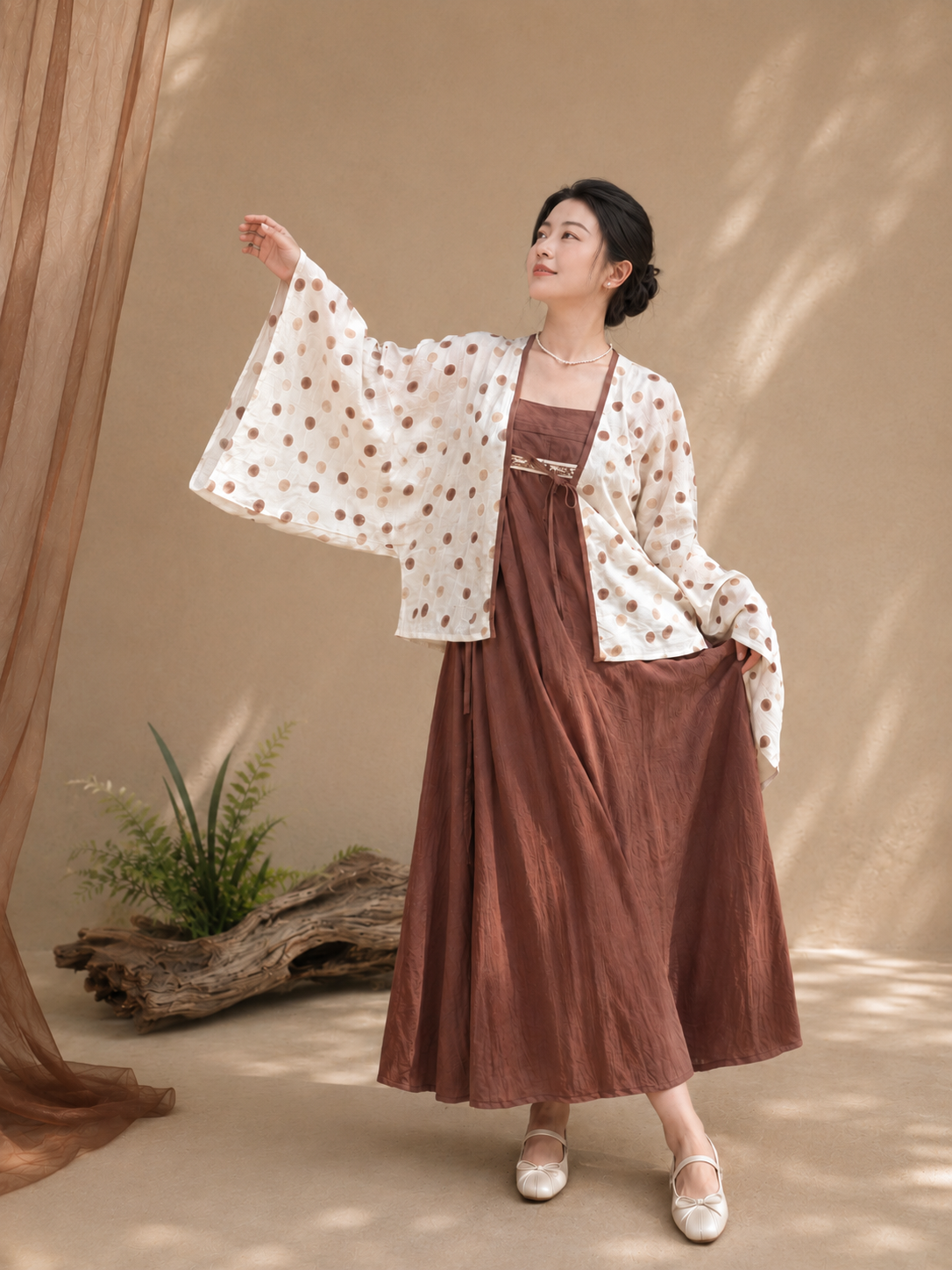 Modern hanfu set ivory polka dot wide sleeve cardigan robe and brown slip midi dress vintage casual chinese style for women front view