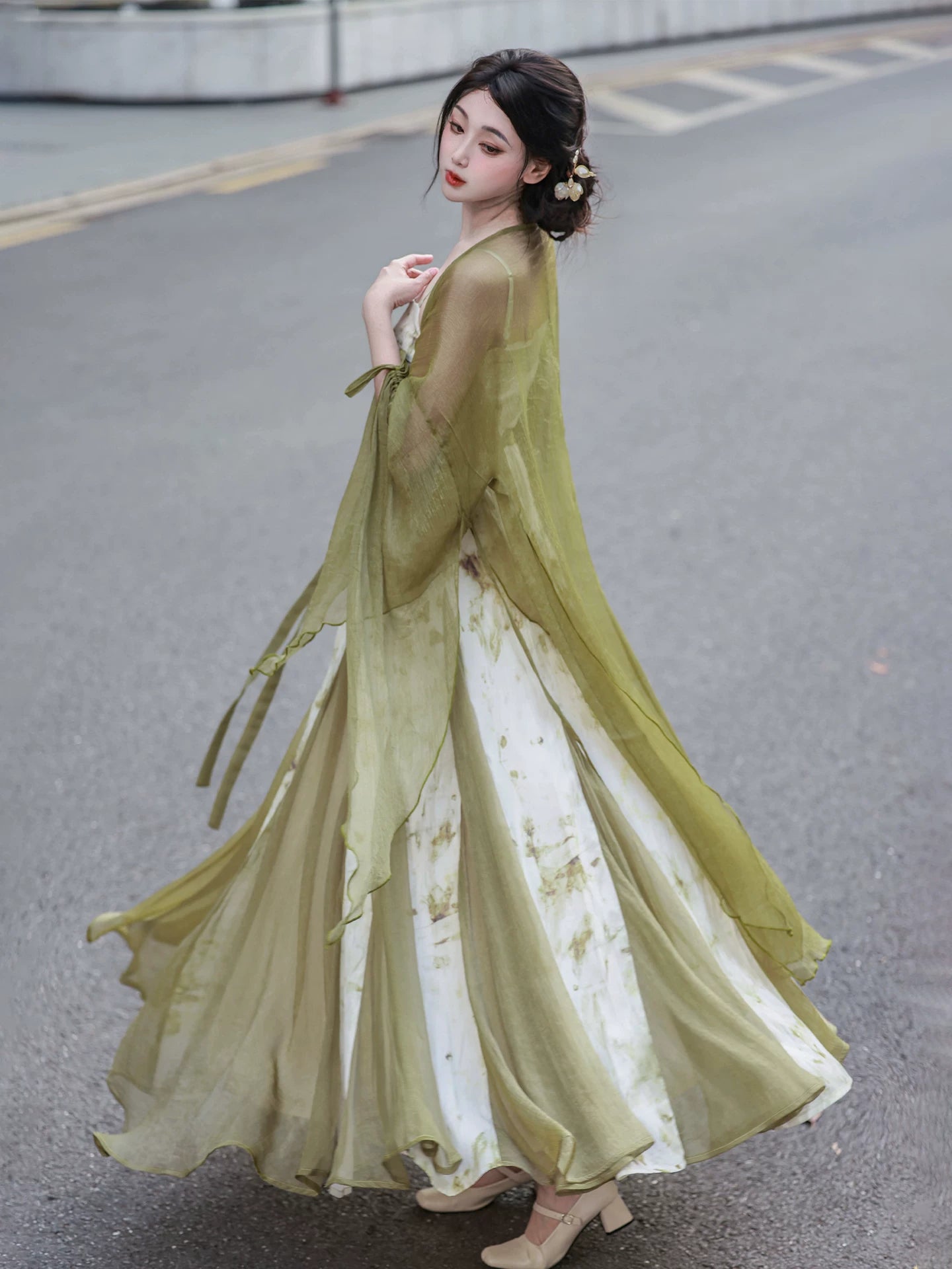 Modern hanfu set matcha green wide sleeve sheer robe and white floral slip maxi dress elegant fairy street style for women front view