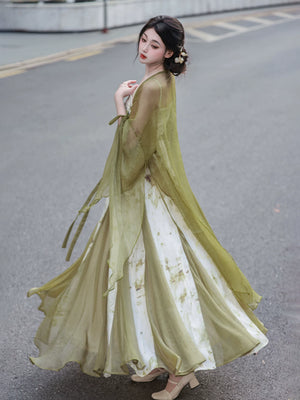Modern hanfu set matcha green wide sleeve sheer robe and white floral slip maxi dress elegant fairy street style for women front view