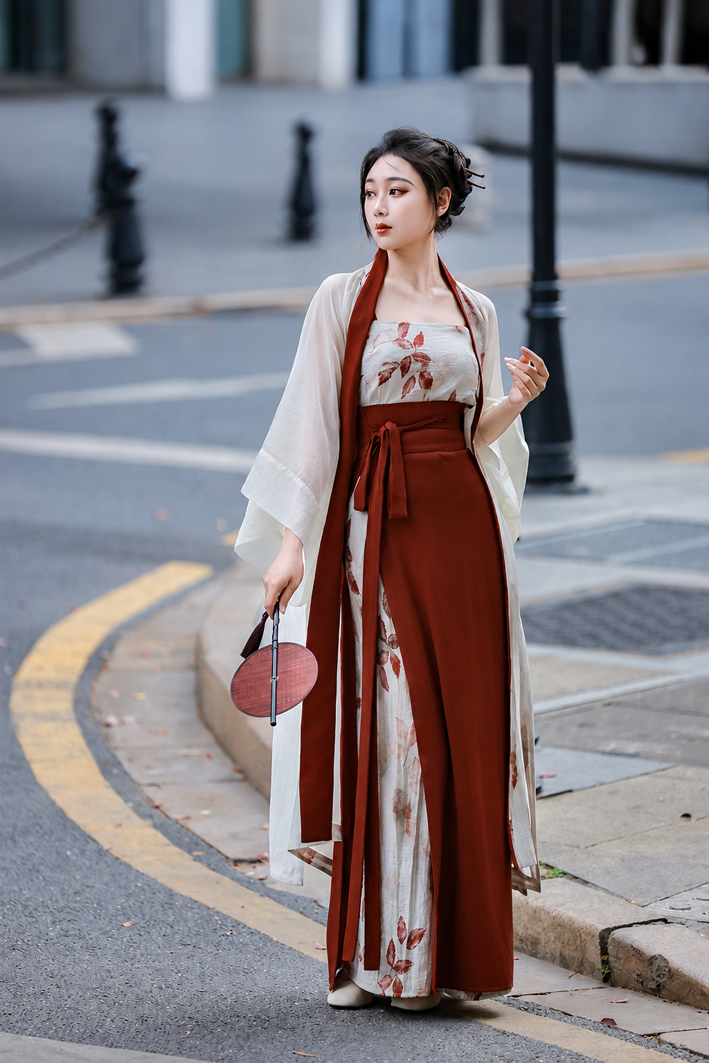  Modern hanfu set white floral sheer wide sleeve robe and burgundy slip top with mamian skirt vintage street chinese style for women front view