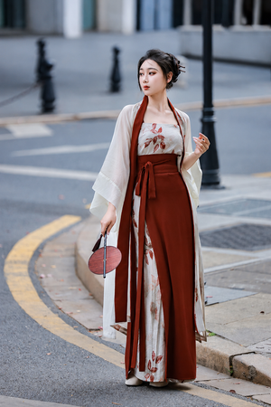  Modern hanfu set white floral sheer wide sleeve robe and burgundy slip top with mamian skirt vintage street chinese style for women front view
