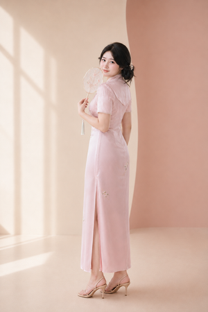 Modern new chinese style plus size cheongsam blush pink puff sleeve mandarin collar midi qipao dress for curvy women puff sleeve detail