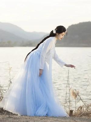  Modern spring summer blue hanbok korean set for daily wear and office work