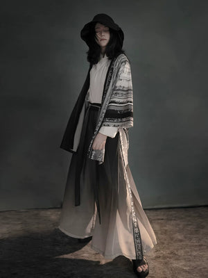 Modern streetwear hanfu set black gradient sheer outer robe and wide leg pants dark style for women back view