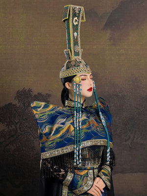 Mongolian green fringed heavy industry hat inner mongolia ethnic dance performance photography and catwalk hat for women back view

