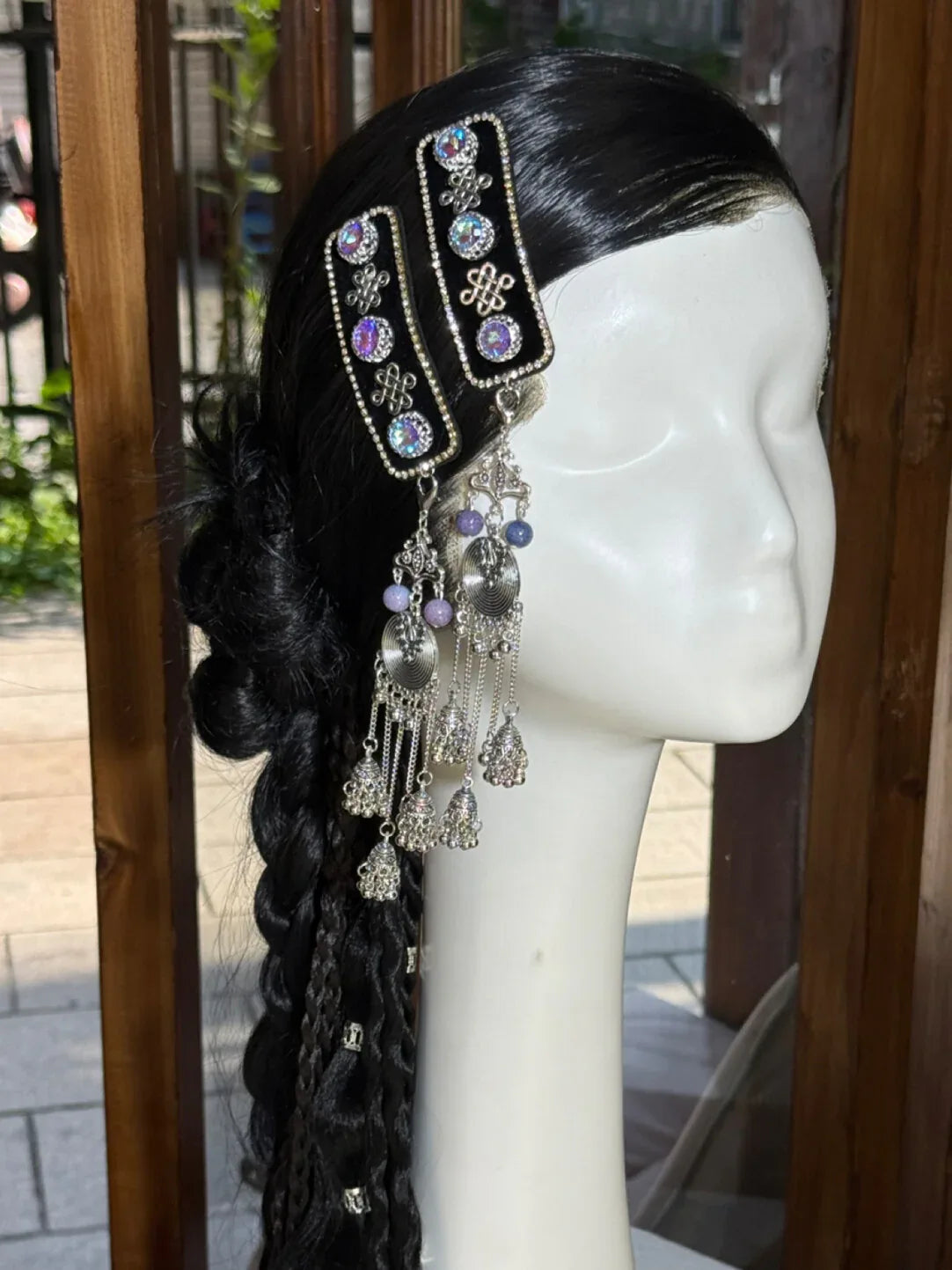 Mongolian handmade modern hair clips traditional ethnic pearl coral hair accessories for everyday and special occasions fabric and pearl detail