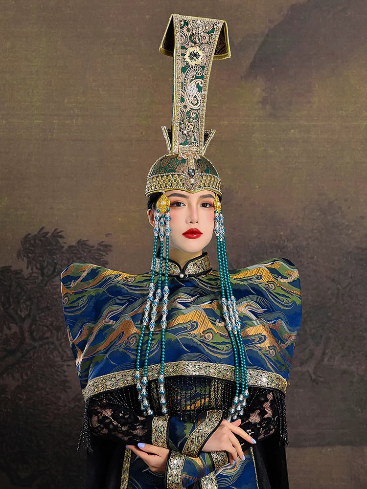 Mongolian women green heavy industry hat fringed inner mongolia ethnic dance performance photography daily catwalk hat for women front view