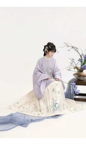 Moonlit blossom embroidered ming hanfu set round collar top with mamian skirt for women autumn winter wear fabric detail