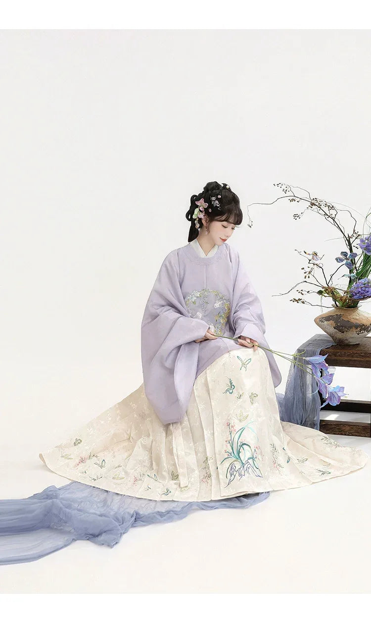 Moonlit blossom embroidered ming hanfu set round collar top with mamian skirt for women autumn winter wear fabric detail