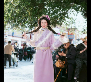 Moonstone pink tibetan inspired travel dress flowing silhouette for scenic portrait photography back view