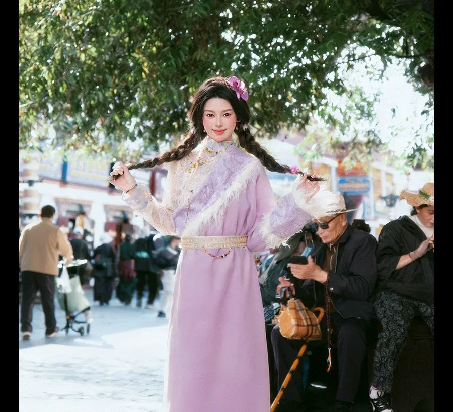 Moonstone pink tibetan inspired travel dress flowing silhouette for scenic portrait photography back view