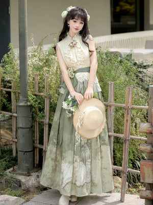  Morning time han element sleeveless top set new chinese improved hanfu half body long skirt for women fabric detail

