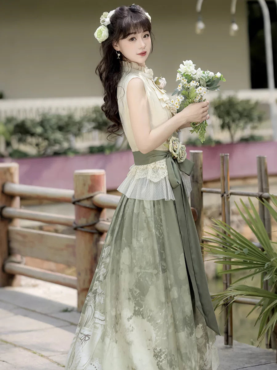 Morning time women improved hanfu suit new chinese sleeveless top and half body long skirt han element outfit back view

