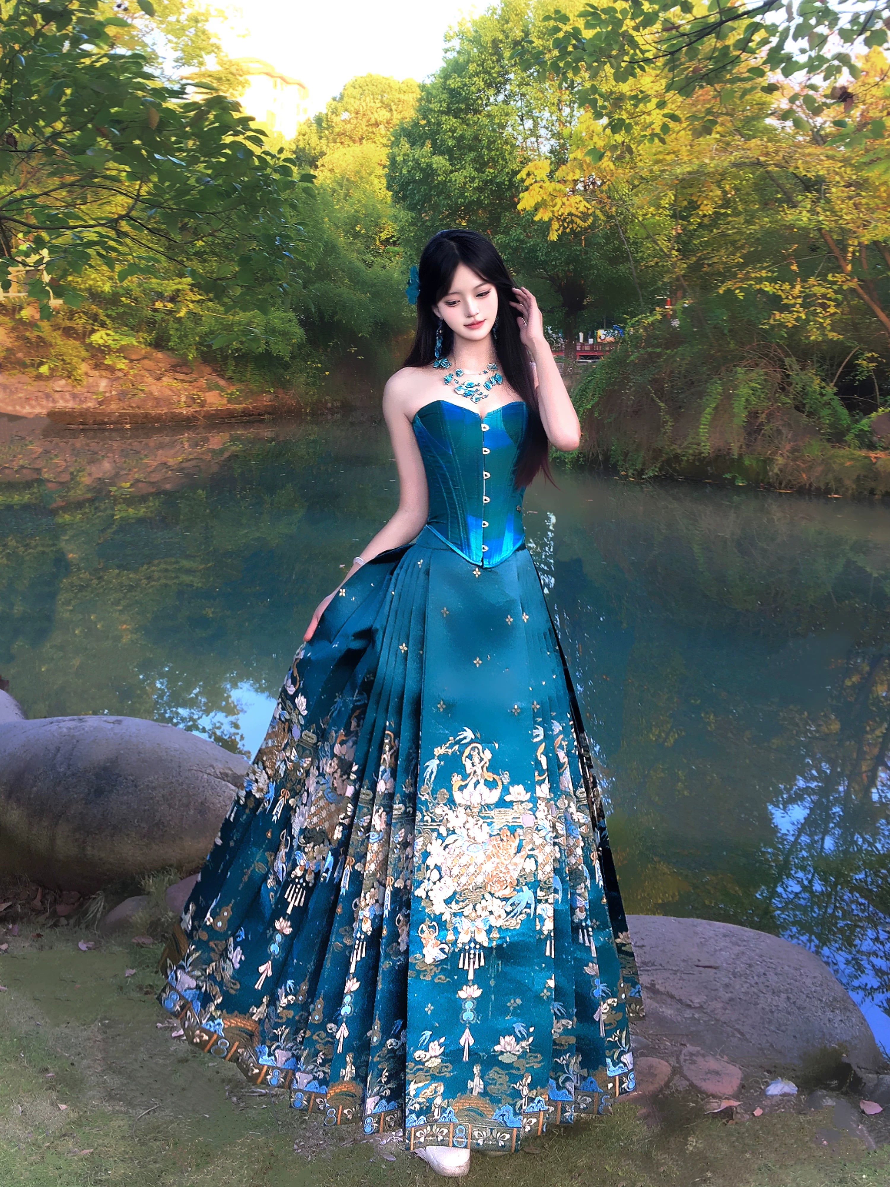 Movie chang an double warp skirt finch green brocade horse face

