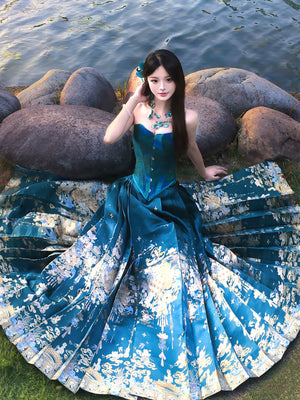 Movie chang an horse face skirt finch green brocade double warp